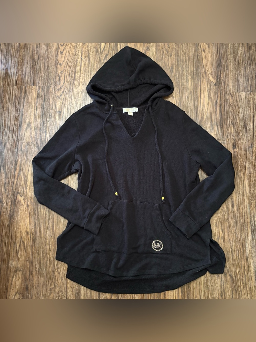 Michael Kors Black Knit Hoodie Gold Beaded Logo Pullover 1X Plus Size